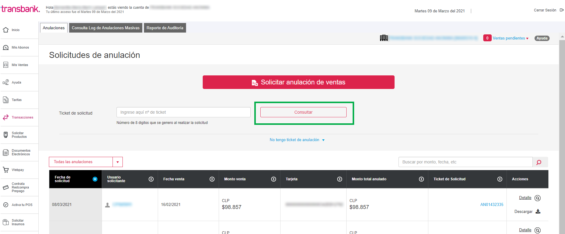 revisar solicitud anulación venta transbank